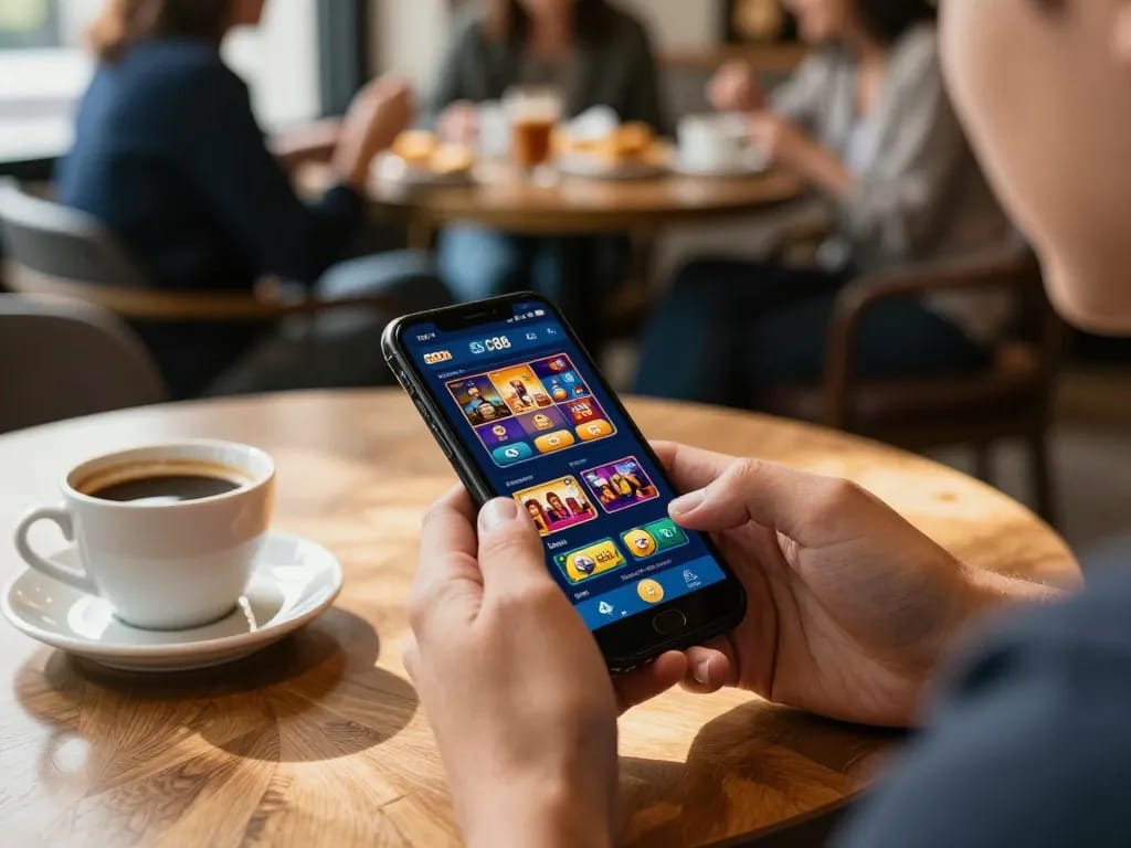 Engaging in SC88 đăng nhập using a smartphone in a cozy café environment.