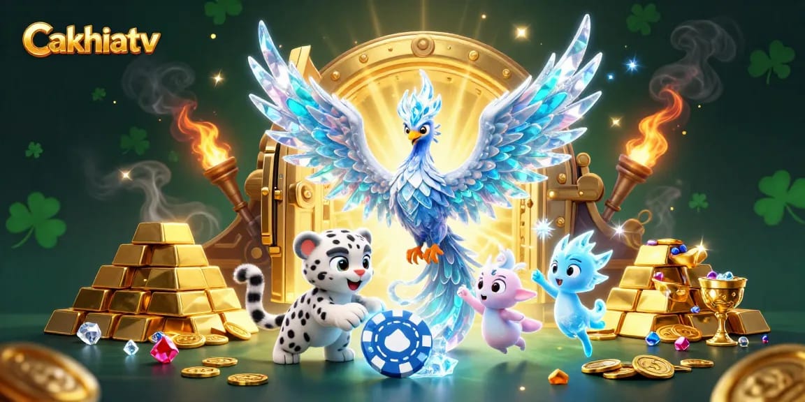 Cakhiatv showcases a stunning 3D art scene featuring vibrant ice phoenix, playful snow leopard cub, and glowing sprites amid a treasure-filled gambling paradise.
