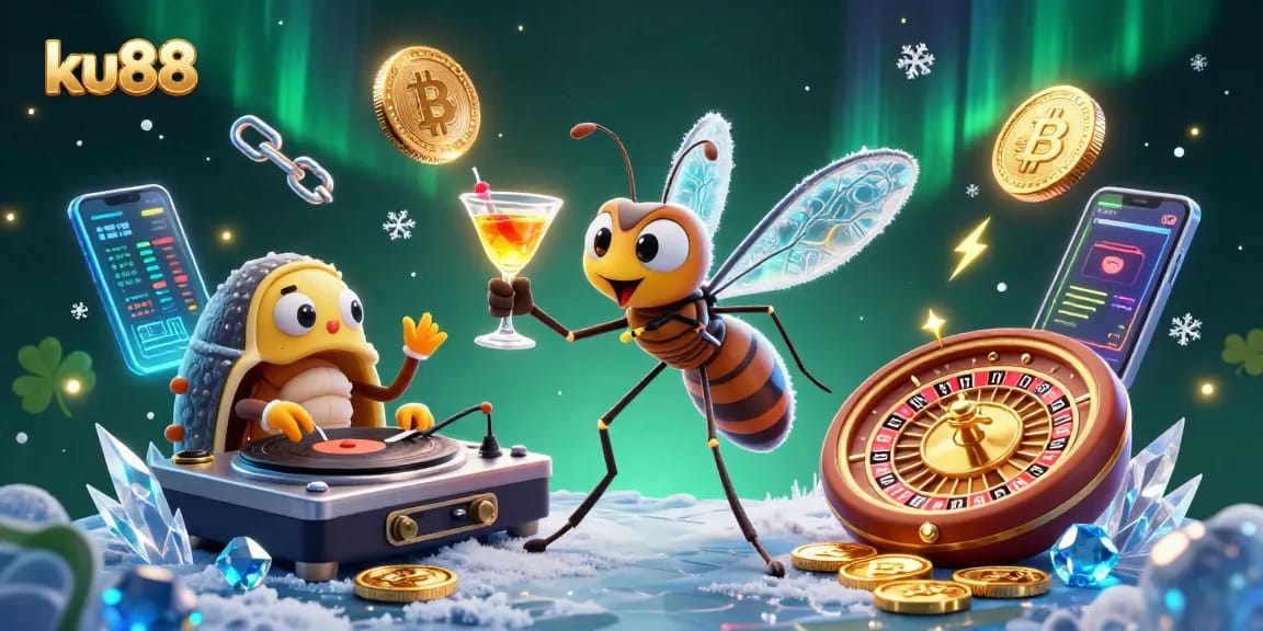 ku88 vibrantly showcases a frozen mosquito casino mascot & trilobite DJ amidst crypto elements