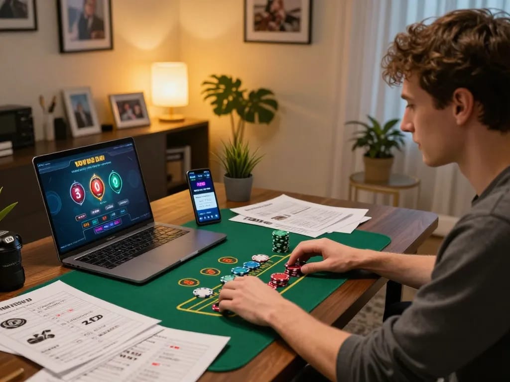 Engaging in strategic blackjack gameplay with FLY88 on a laptop in a cozy home office