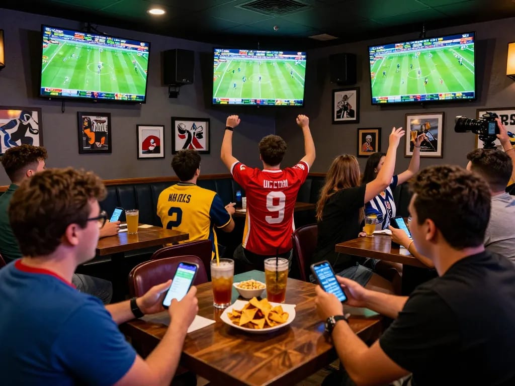 Patrons actively engaging in sports betting using mobile apps at a lively sports bar, showcasing the excitement of trang cá cược bóng đá.