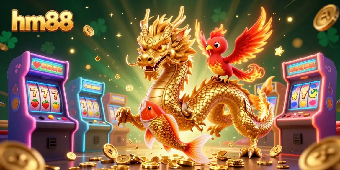 Experience thrilling gameplay with hm88's vibrant casino scene featuring dragons, coins, and arcade elements.