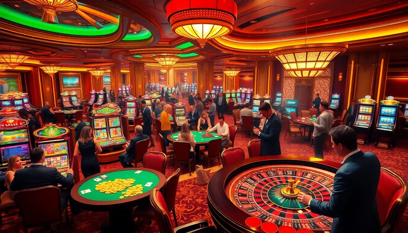 Experience the thrill of gaming at https://da88st.com/ with vibrant casino tables and players engaged in poker.