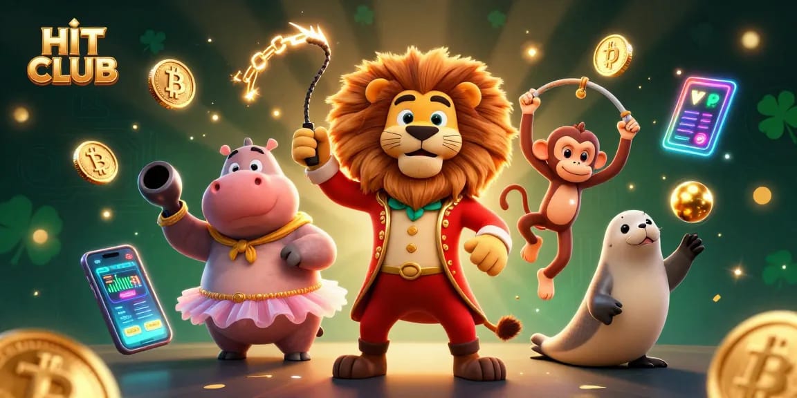 Engage in exciting gambling thrills at HIT CLUB, featuring a vibrant 3D circus scene with playful characters.