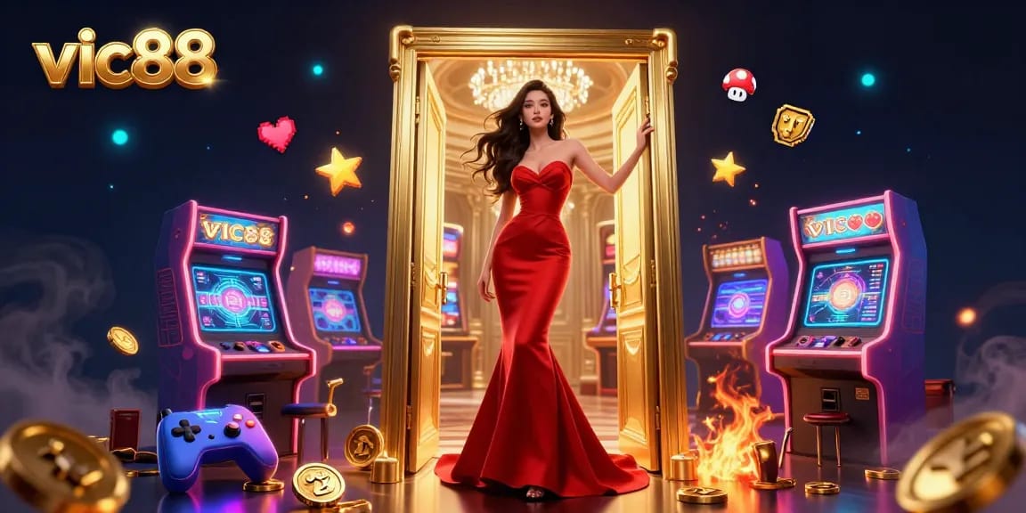 Experience the vibrant world of vic88 at the VIP casino featuring a stunning Asian woman in a glamorous gown.
