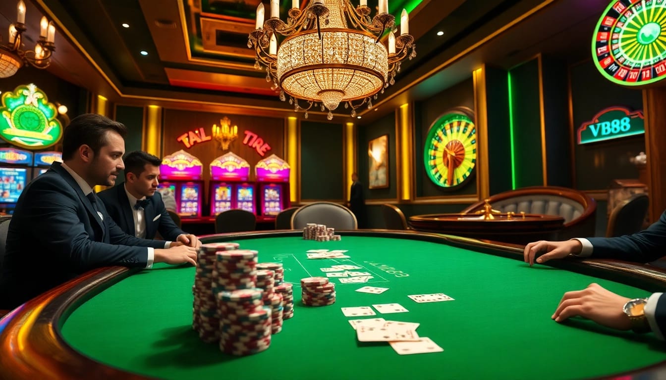 Experience the thrill at the VB88 poker table amidst luxury casino vibes.