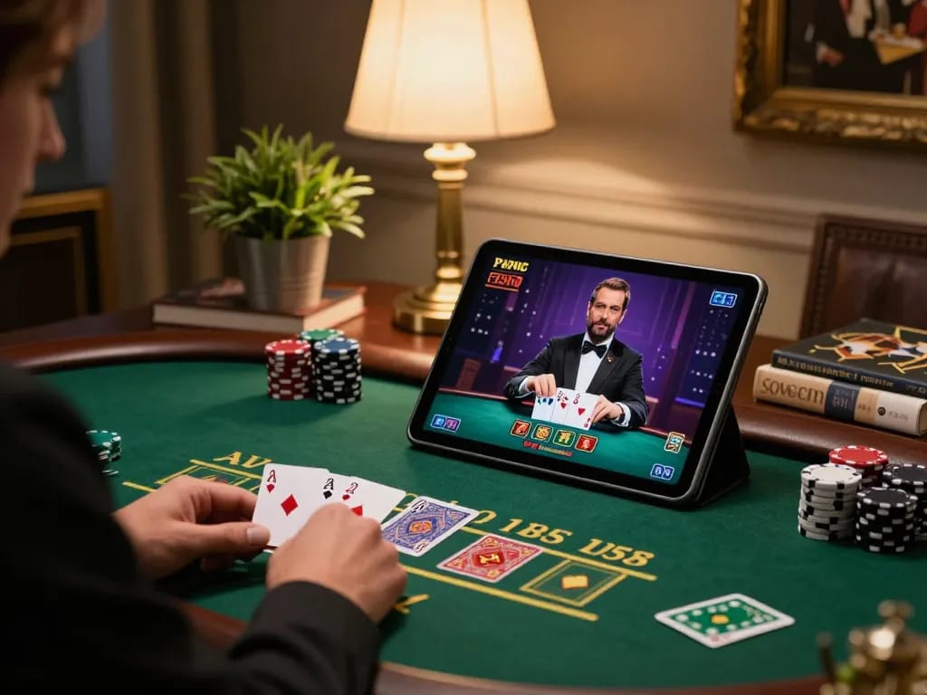 Playing live blackjack on 9bet com with vibrant tablet interface in a stylish home setup.