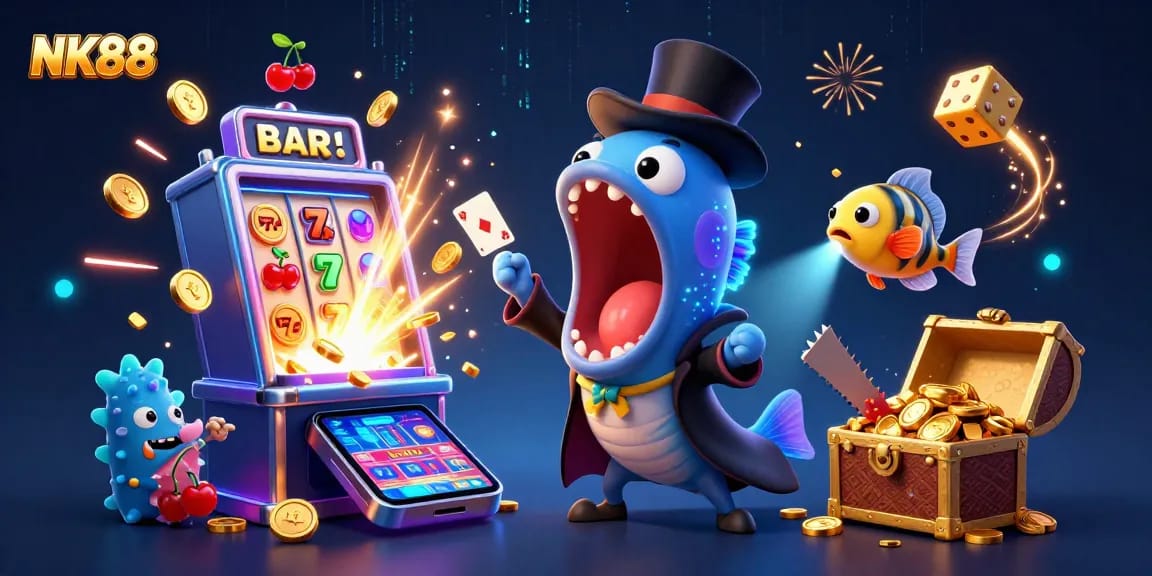 Win big at NK88 as a magical sea eel performs dazzling card tricks amid a dynamic casino scene.