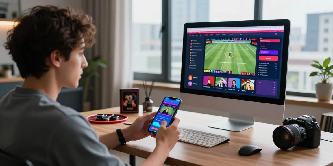 Engaging with au88 com betting platform on a smartphone at a stylish home workspace.
