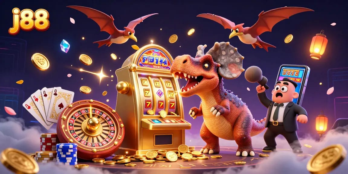 j88's pachycephalosaurus hits the jackpot slot machine amidst chaotic casino excitement.