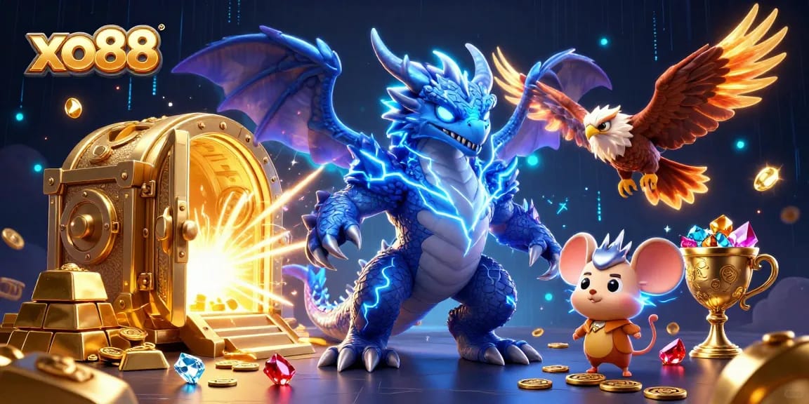 Join the action at xo88 with a thunderous dragon and dynamic betting scene rich with treasure.
