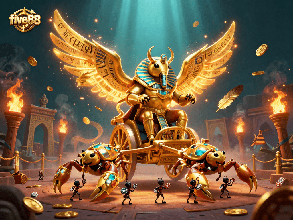 Experience the thrilling atmosphere of five88 with a dynamic 3D illustration of a golden scarab beetle chariot leading a casino battle.