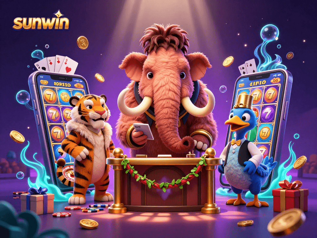 Engage with sunwin slots as the woolly mammoth checks IDs at a vibrant casino entrance.