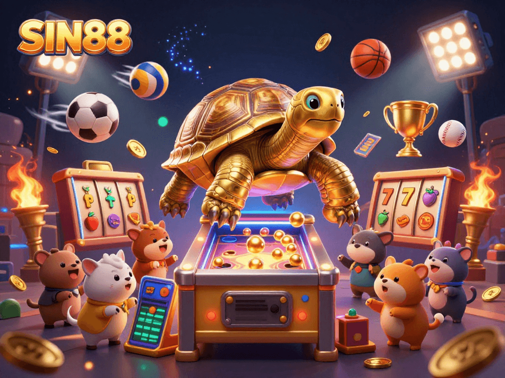 SIN88 showcases an exciting casino scene with a golden tortoise pinball machine and dynamic sports elements.