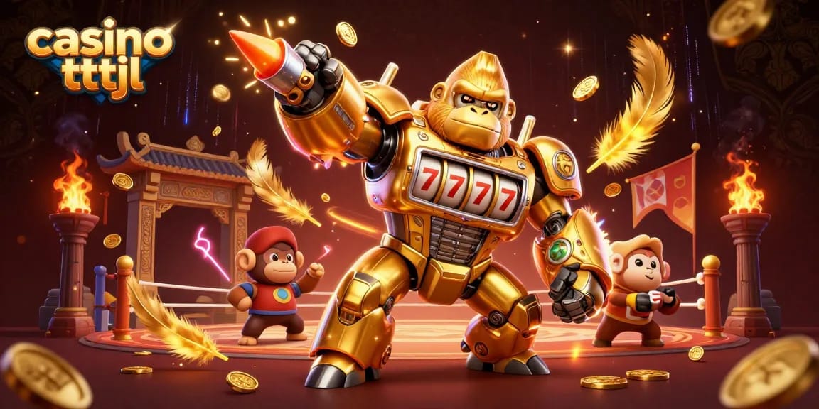 Experience the excitement of casino tttjl with a vibrant 3D illustration featuring a golden gorilla mech and dynamic gaming elements.