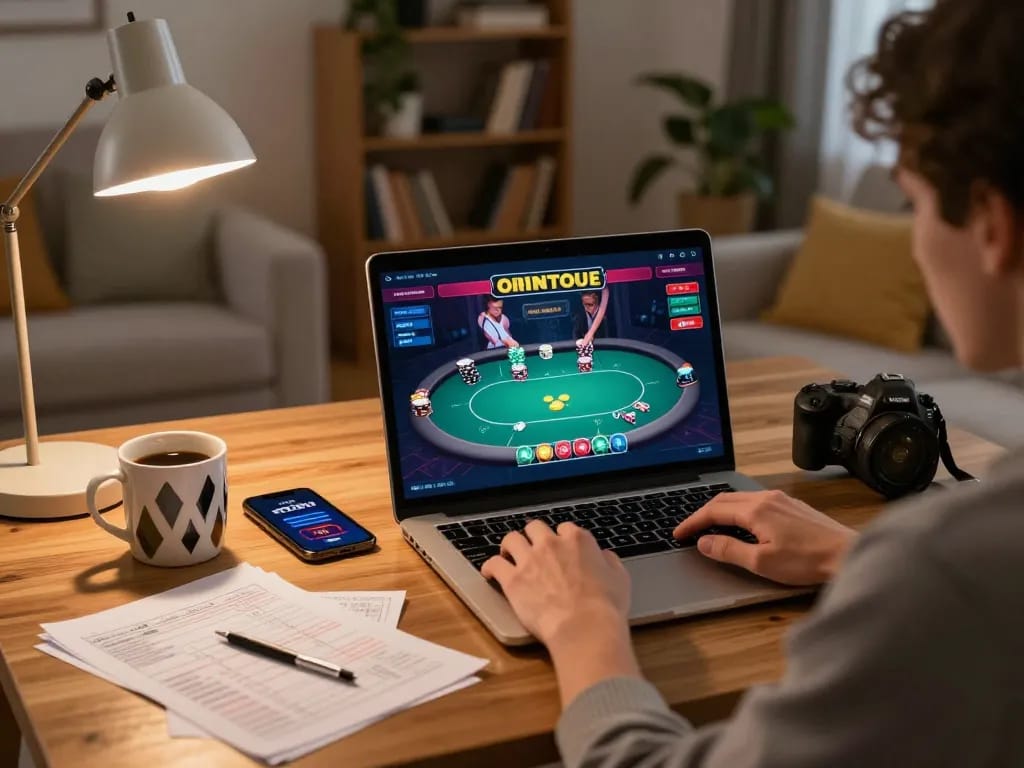 Engaging in strategic online gaming at home with xo88.fam, showcasing laptop gameplay and bankroll notes.