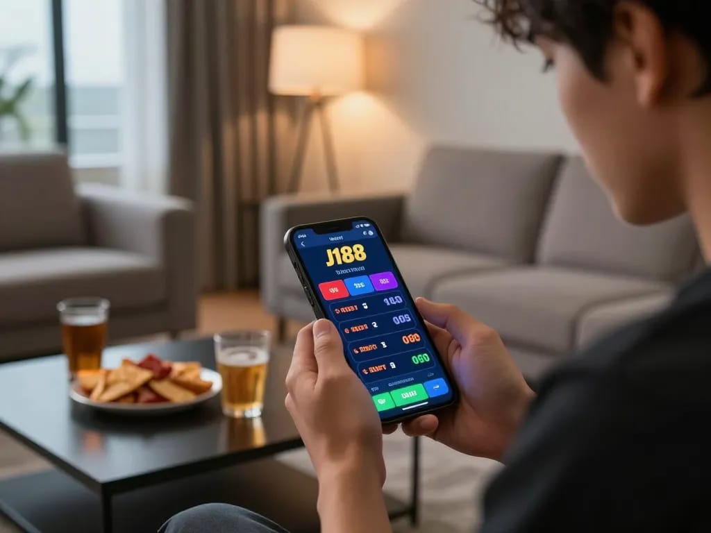 Player engaging with the J188 casino app for online betting in a cozy home setting.