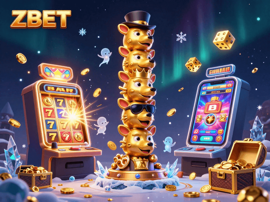 ZBET's vibrant 3D illustration showcases thrilling casino excitement with jackpot slot machines and dynamic game elements.