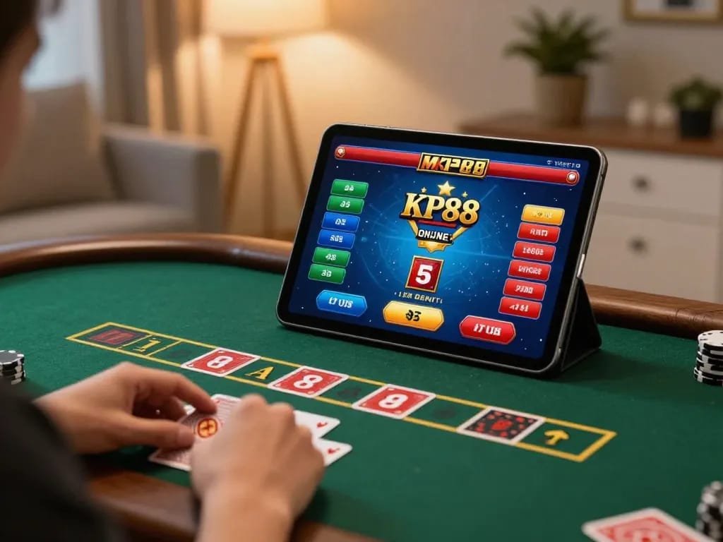 KP88 engaging players enjoying live dealer blackjack on a tablet in a cozy home environment