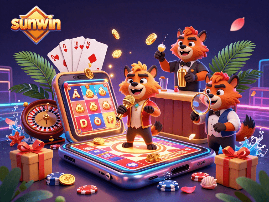 Experience the humor and excitement of sunwin's vibrant casino scene with hyenas mixing drinks and telling jokes.