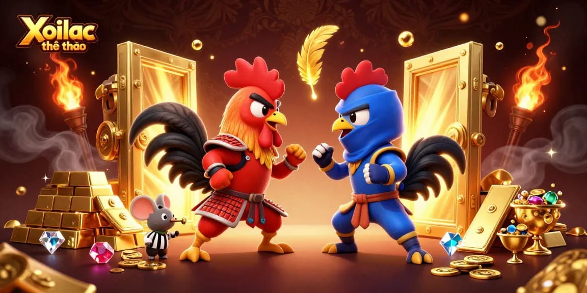 Xoilac thể thao showcases intense roosters standoff amidst golden treasures, emphasizing betting excitement.