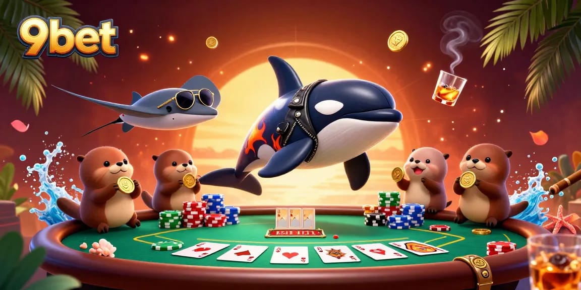 Experience thrilling action at 9bet with vibrant casino characters and dynamic poker elements.