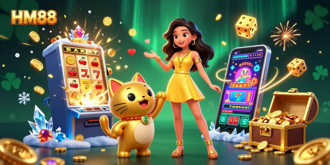 Experience exciting wins at HM88 with vibrant casino elements and a charming mascot.