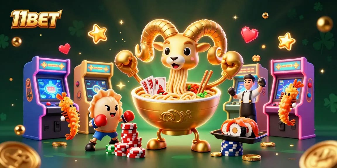 Engaging 3D illustration of a giant ramen bowl character promoting 11BET with vibrant casino elements and game icons.