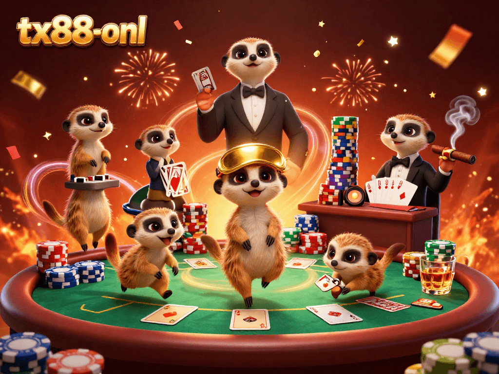 tx88-onl casino meerkats manage poker tables while showcasing vibrant gaming elements