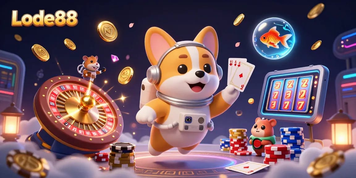 Lode88 inspires thrilling fun with a playful astronaut corgi in a space casino, amidst vibrant game elements.