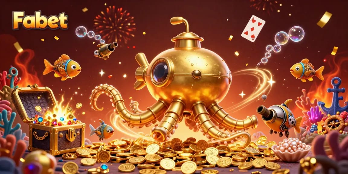 Experience Fabet's thrilling underwater adventure with golden kraken, playful fish, and treasure!