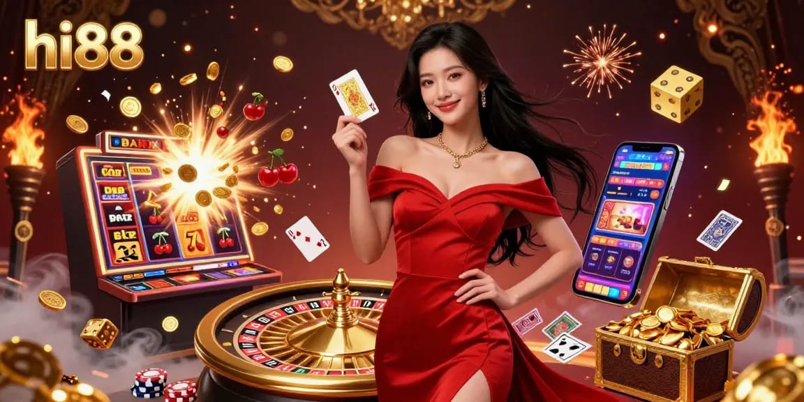 Engage with hi88's dynamic casino scene featuring glamorous elements, a confident dealer, and vibrant gaming symbols.