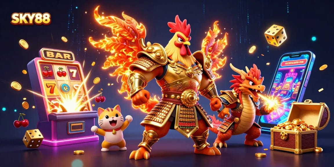 Engage in exhilarating gaming action at SKY88 with dynamic characters and vibrant casino elements.