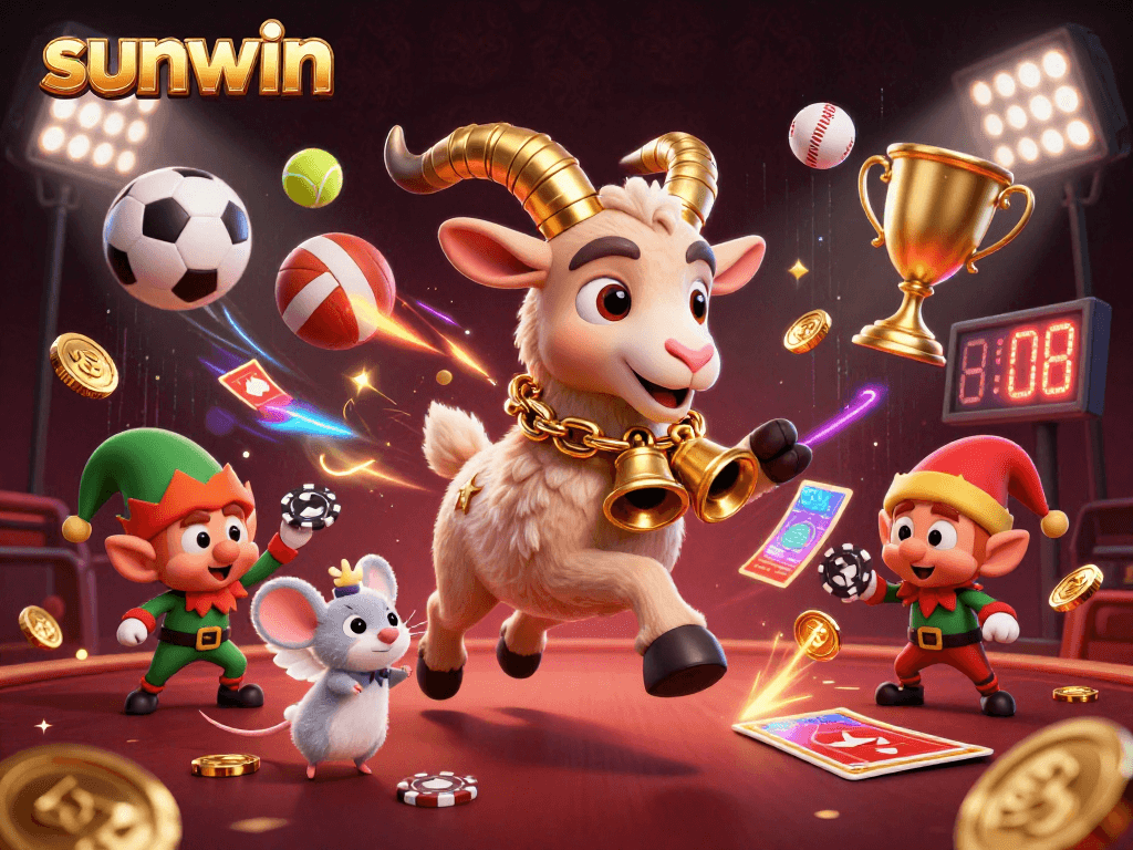 Engage in thrilling games at sunwin with Krampus, angel mouse, and gremlins in a vibrant casino scene.