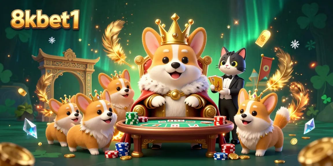 Experience thrilling action at 8xbet1 with a vibrant illustration of a royal corgi on a throne of poker chips.