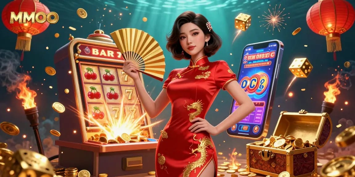 Play MMOO with a confident woman in a stunning qipao, amid a wealth of vibrant casino elements.