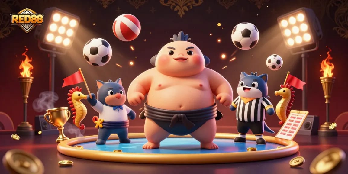 Engage with RED88 as you watch a thrilling underwater casino match with fugu, catfish, and delightful sports elements.