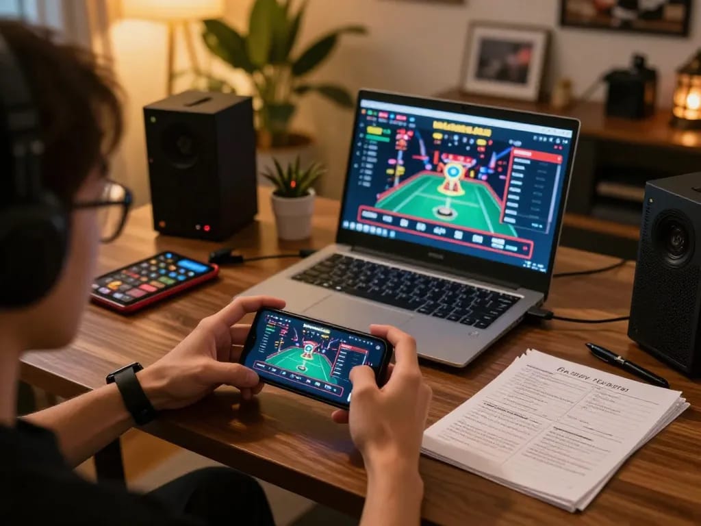 Engaged player enjoying DW8 gameplay on smartphone, showcasing online gaming setup.
