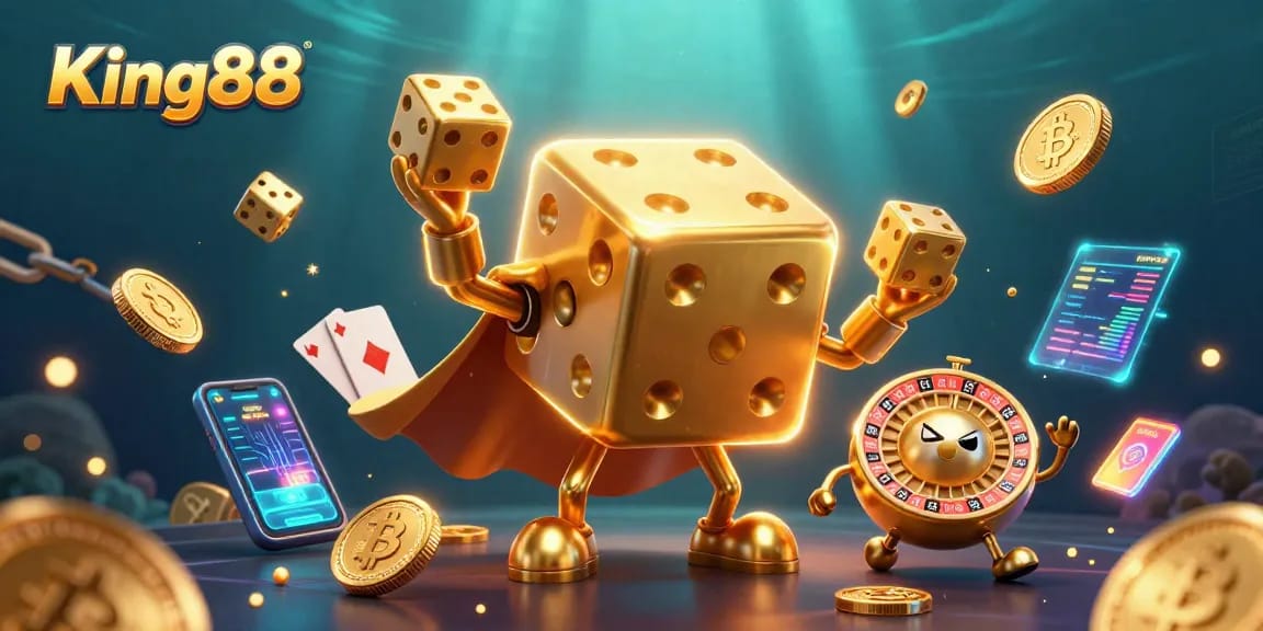 Experience King88's thrilling games with our vibrant, dynamic 3D casino illustration featuring golden dice and crypto elements.