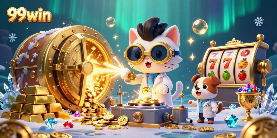 Engage with 99win's thrilling casino scene featuring a mad scientist cat and dog in dynamic action.