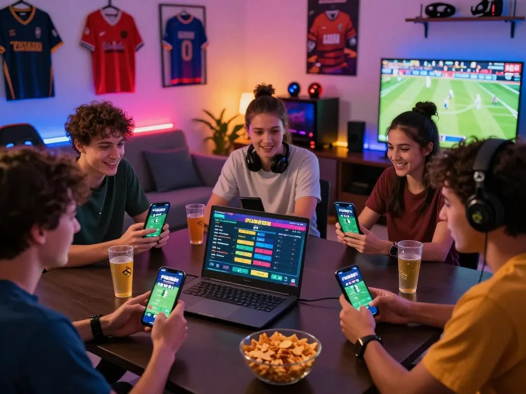 Friends excitedly placing bets on PUB88 while watching live sports on TV in a colorful gaming setup.
