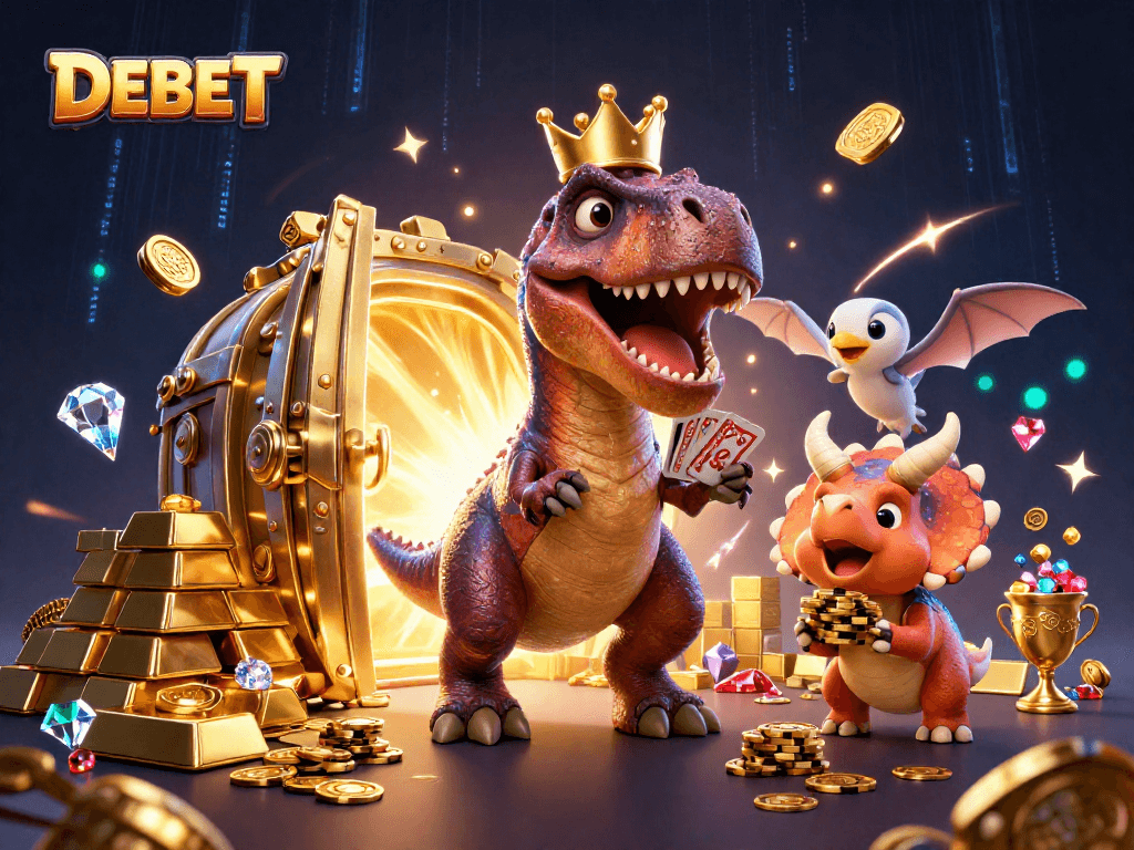 Engage in thrilling DEBET games with a vibrant scene featuring a T-Rex shuffled cards in a casino atmosphere.