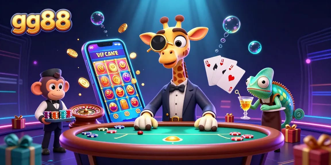 Experience thrilling moments with gg88 as an elegantly dressed giraffe enjoys high-stakes poker in a vibrant casino.