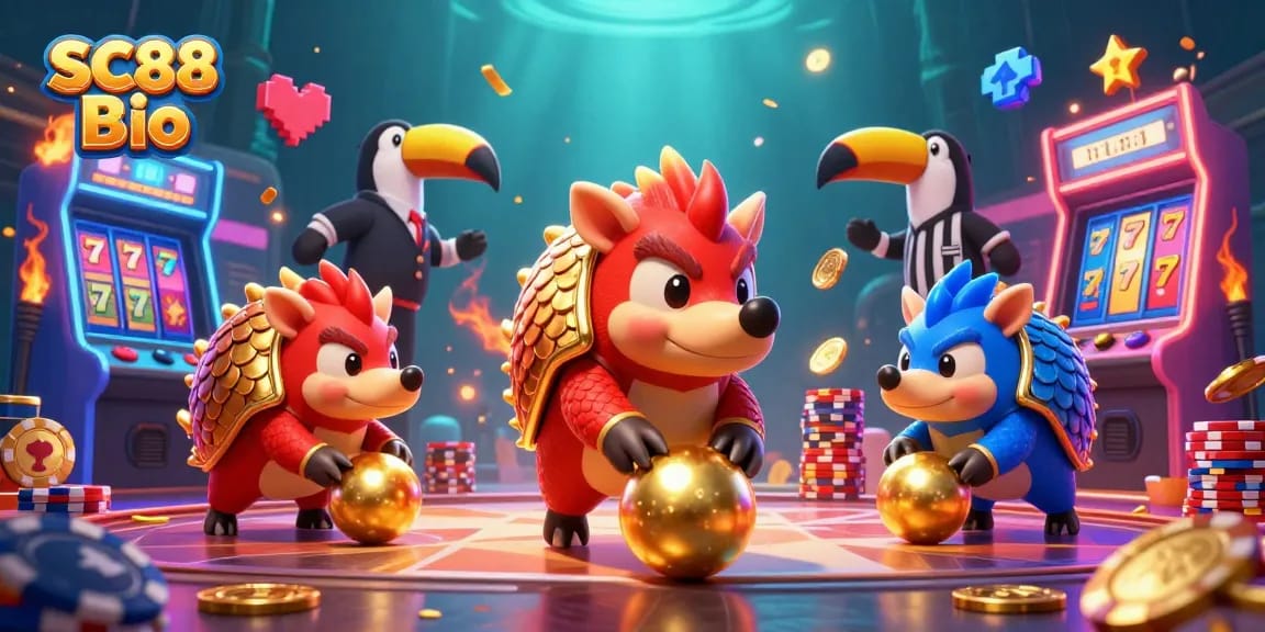 Compete with SC88 Bio in an energetic casino illustration featuring rival pangolins and vibrant gaming elements.