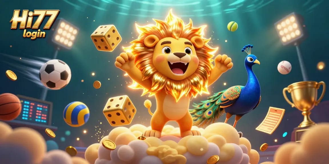 Experience the excitement of HI77 login with a vibrant, 3D illustration of casino-themed characters and elements.