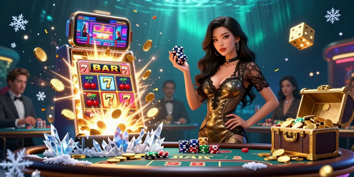 Experience HITCLUB's thrilling casino atmosphere with a glamorous setting filled with golden chips and vibrant game elements.
