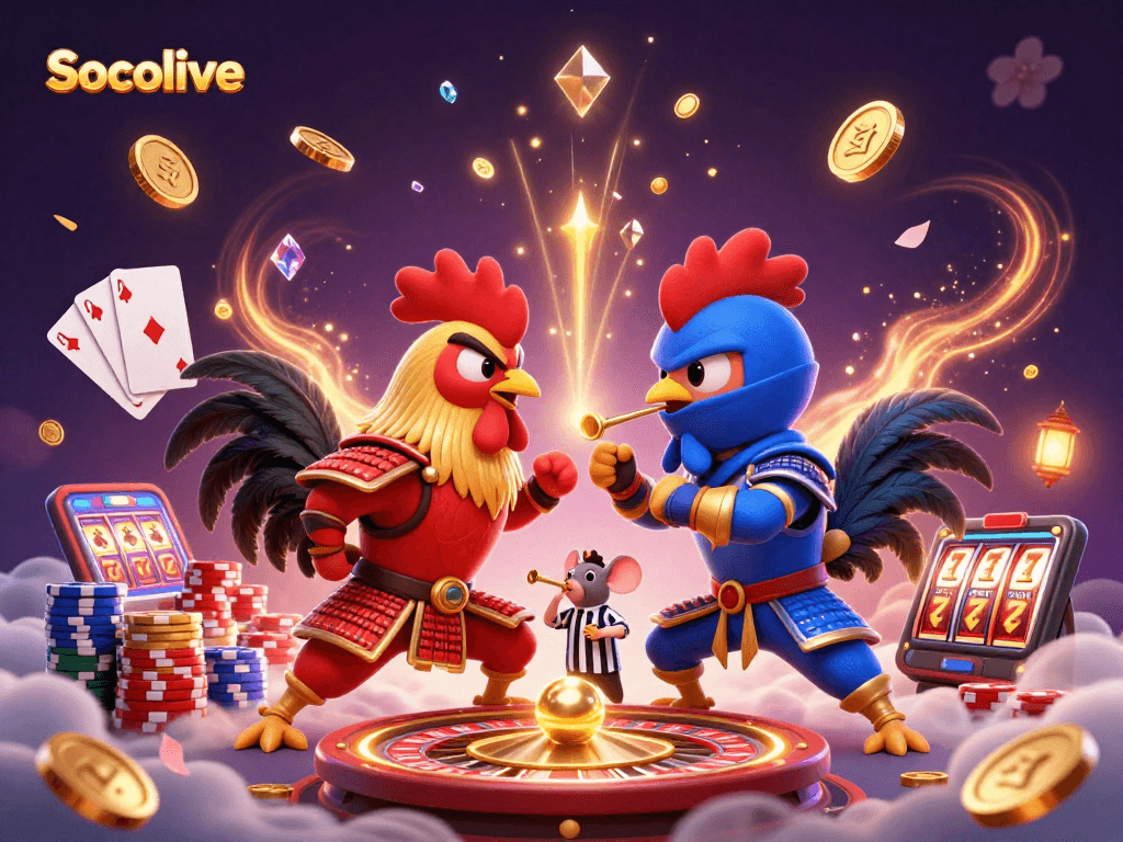 Engage with Socolive's thrilling interactive scene featuring fighting roosters and dynamic casino elements.