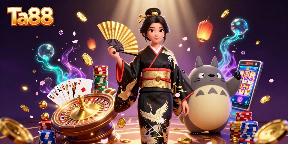 Ta88 casino illustration featuring an elegant Asian woman and a wise tanuki amidst golden coins and a roulette wheel.