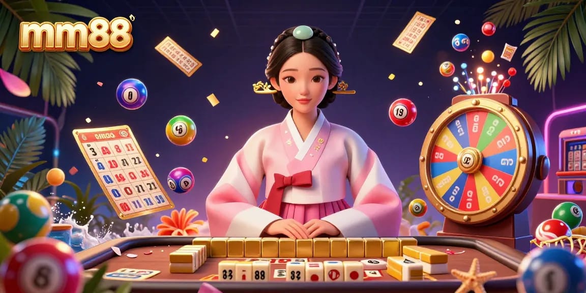 Experience the excitement of mm88 with a vibrant casino scene featuring an elegant Asian woman amidst bouncing lottery balls and golden prizes.
