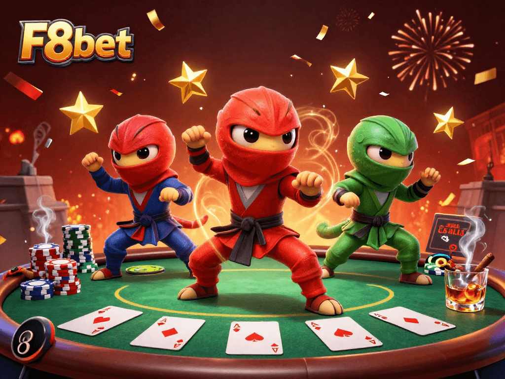 Engage in thrilling gameplay with F8bet as ninja chameleons dominate the scene surrounded by casino elements.